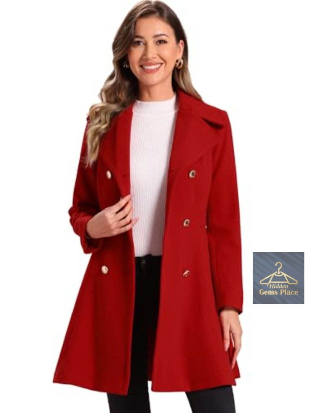 A-Line Lapel Collar Peacoat, Double-Breasted Winter Coat, 90% Polyester 10%